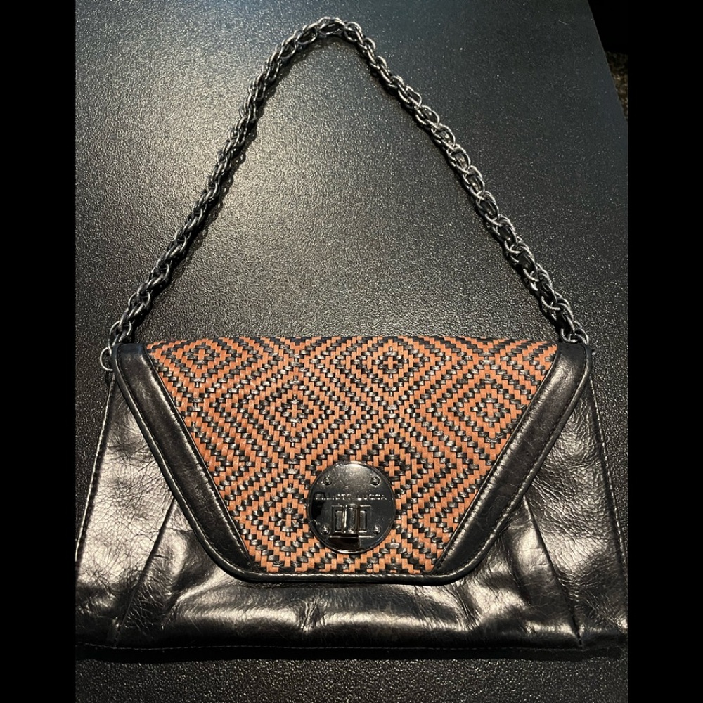 Elliott Lucca Purse black leather with black and brown tweed